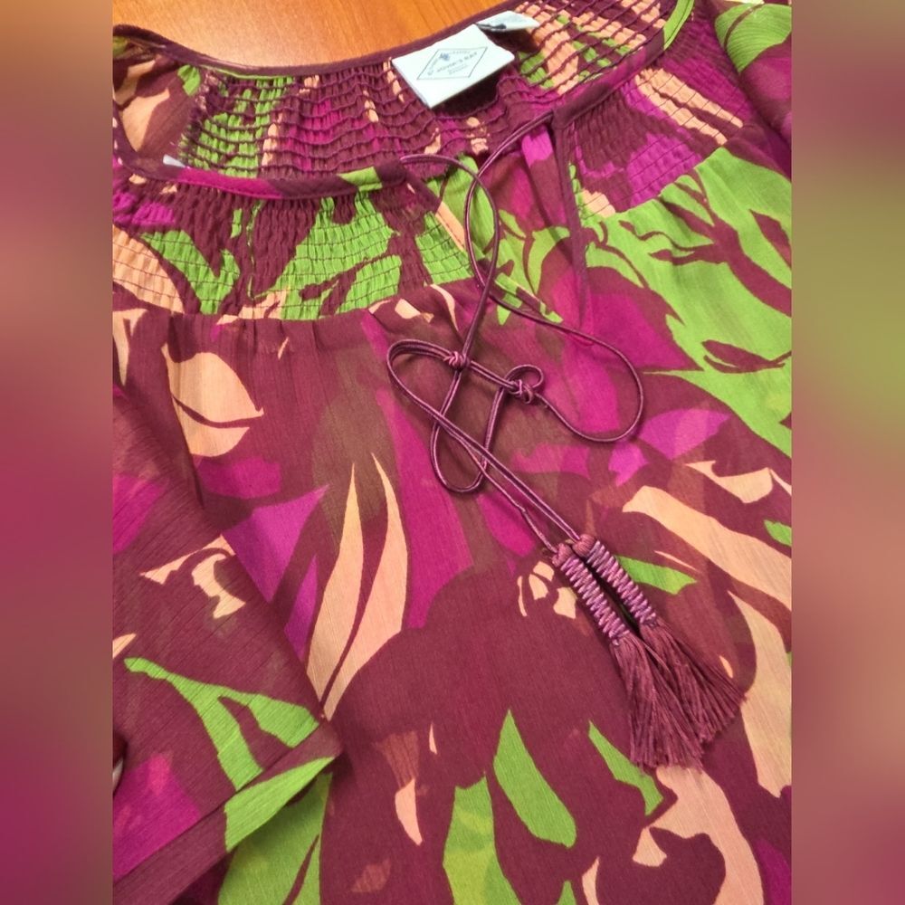 St Johns Bay Womens Floral Semi Sheer Peasant Tunic top Shirt Sz L EUC Boho Fall - Picture 11 of 11